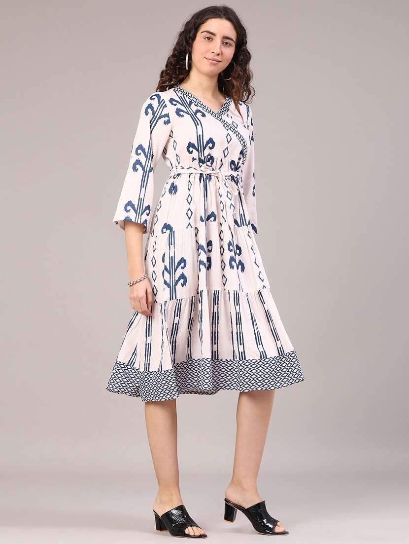 women ikat printed three quarter sleeve tiered ethnic dress - 22248269 -  Standard Image - 3