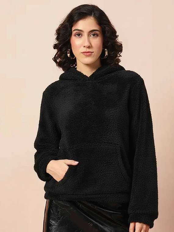 women solid long sleeve hooded sweatshirt