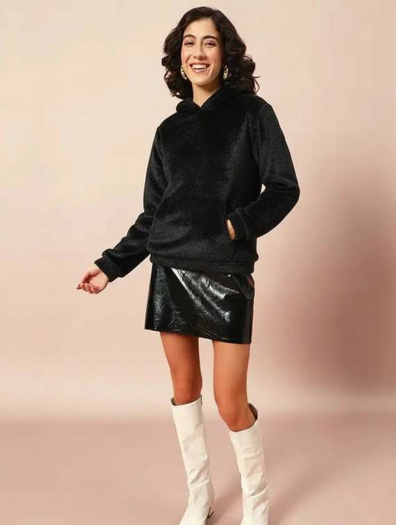 women solid long sleeve hooded sweatshirt - 22248289 -  Standard Image - 3