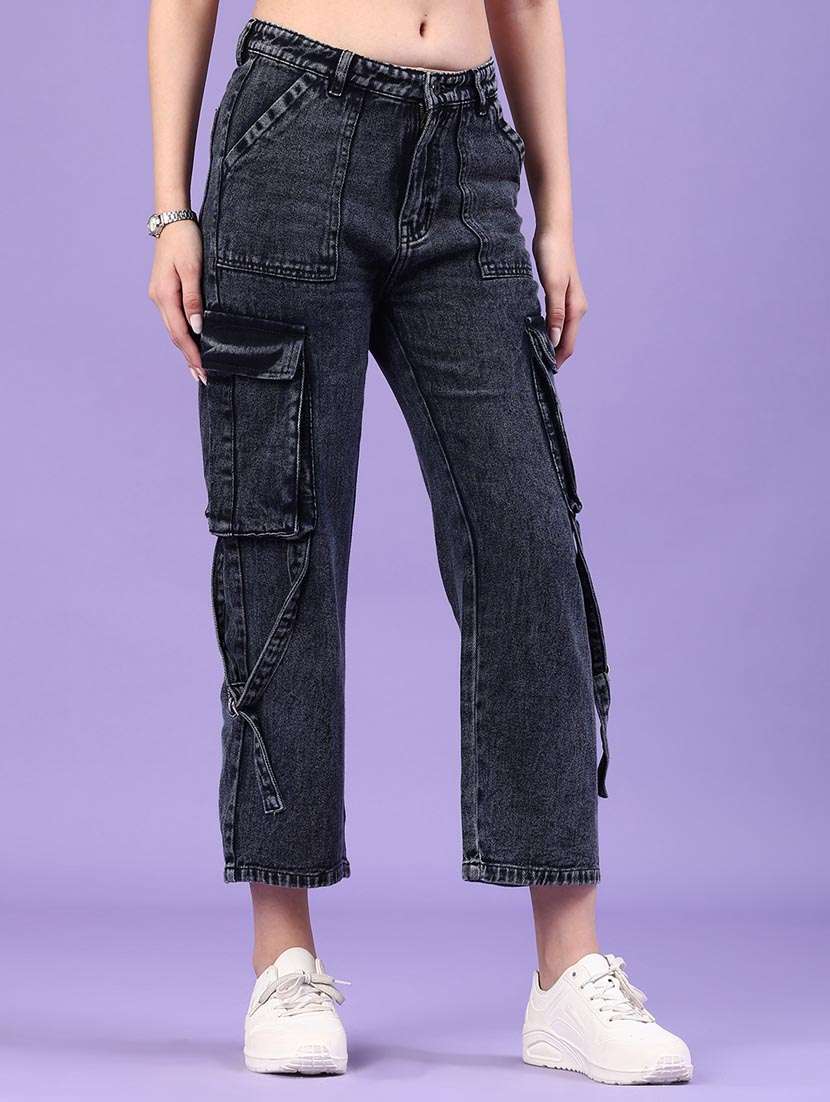 women solid mid rise denim cargo 