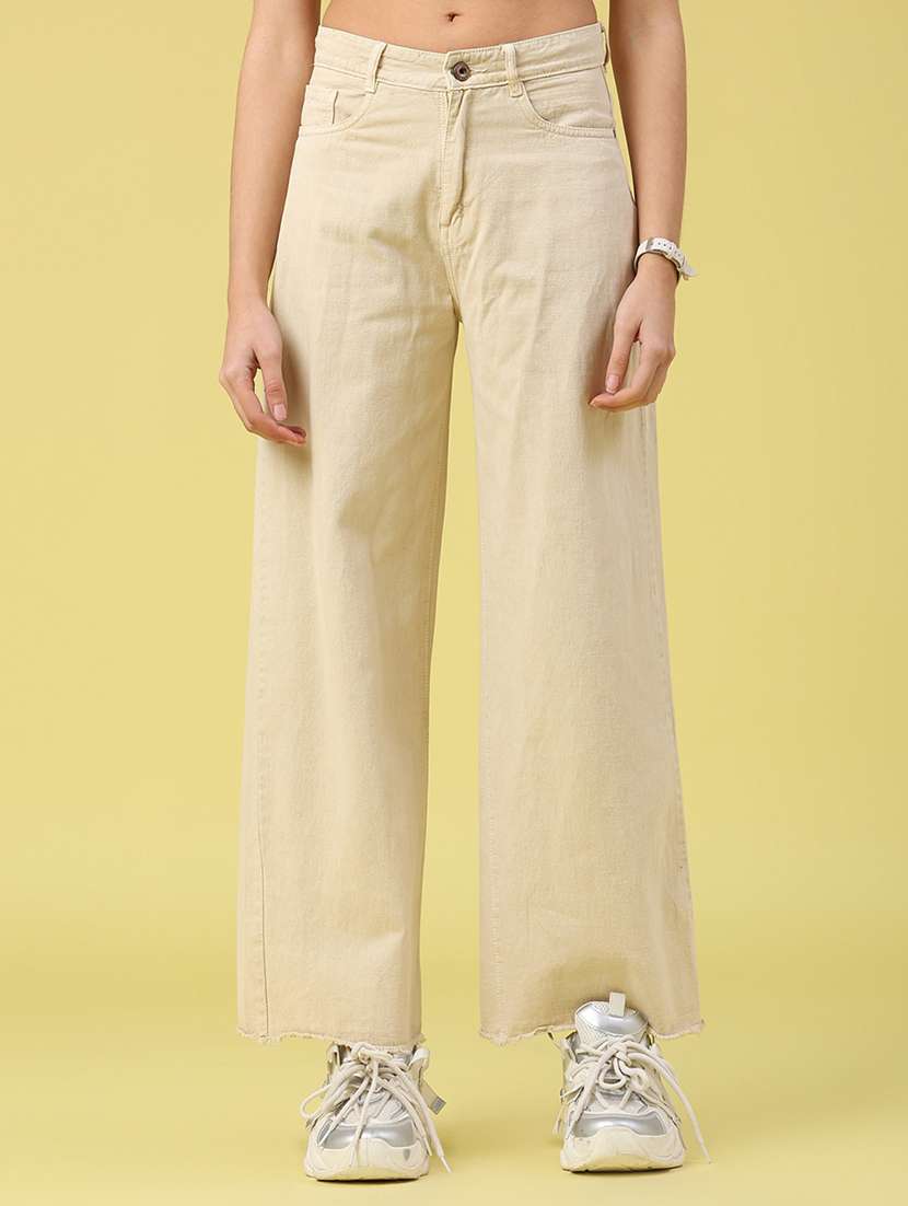 women solid mid rise wide leg jeans