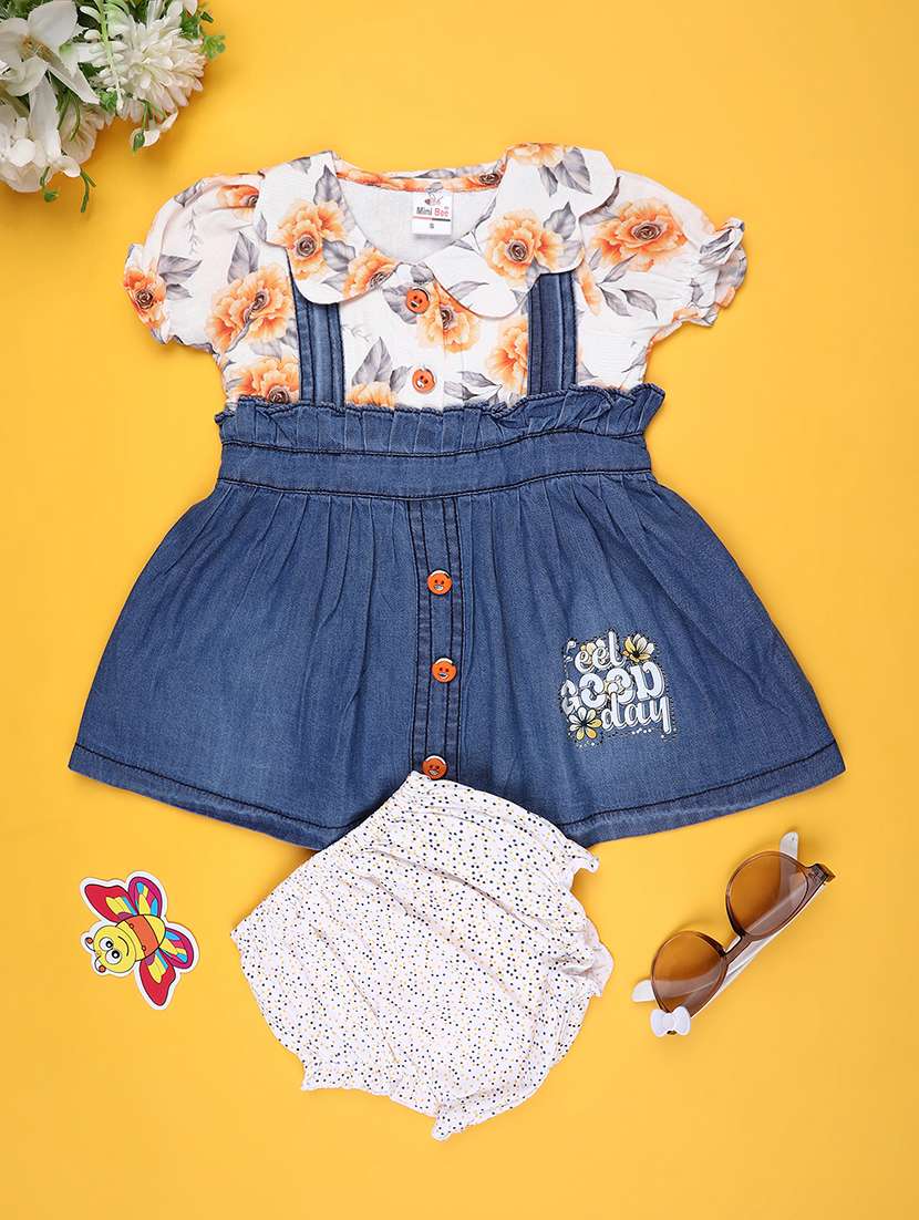 girls floral puff sleeves dungaree dress with bloomer