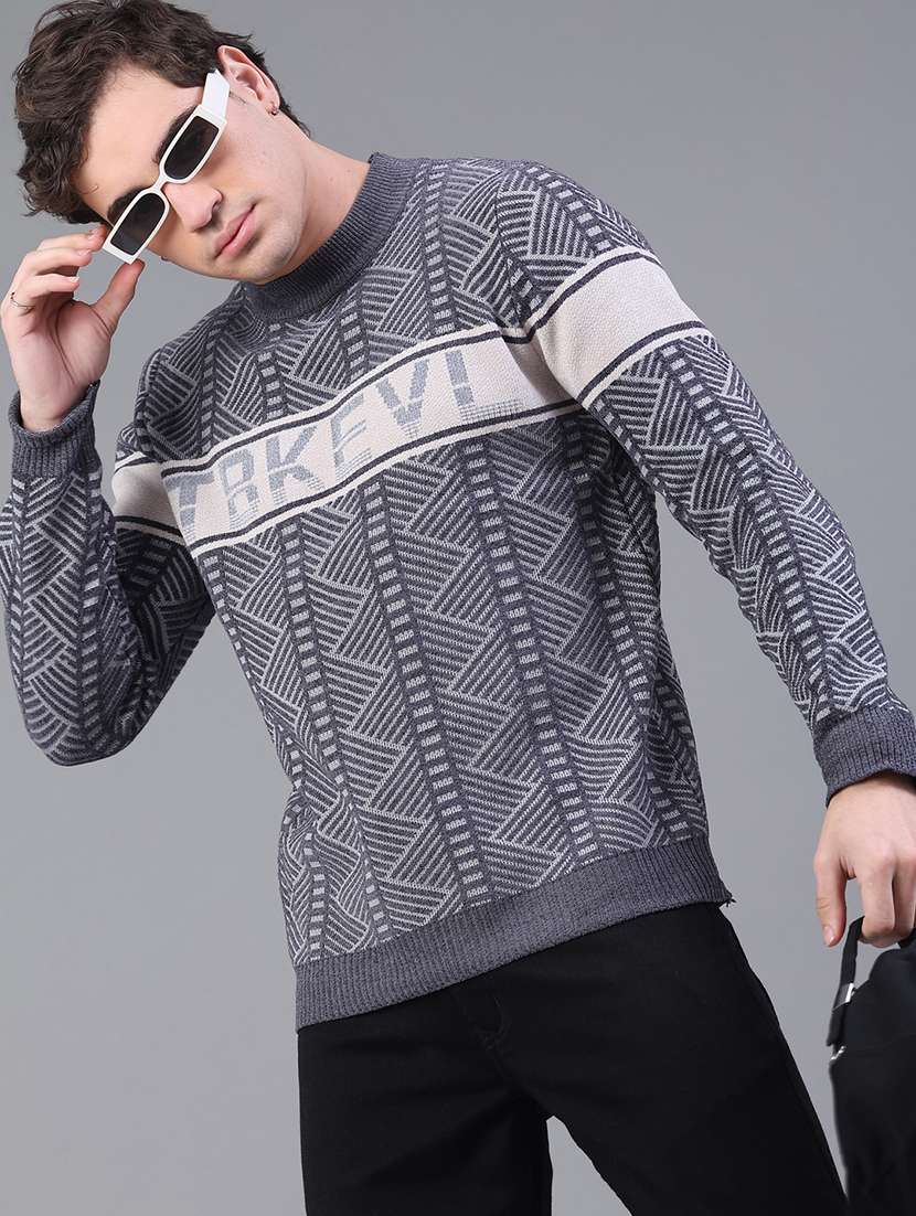 men self design long sleeve regular fit pullover 