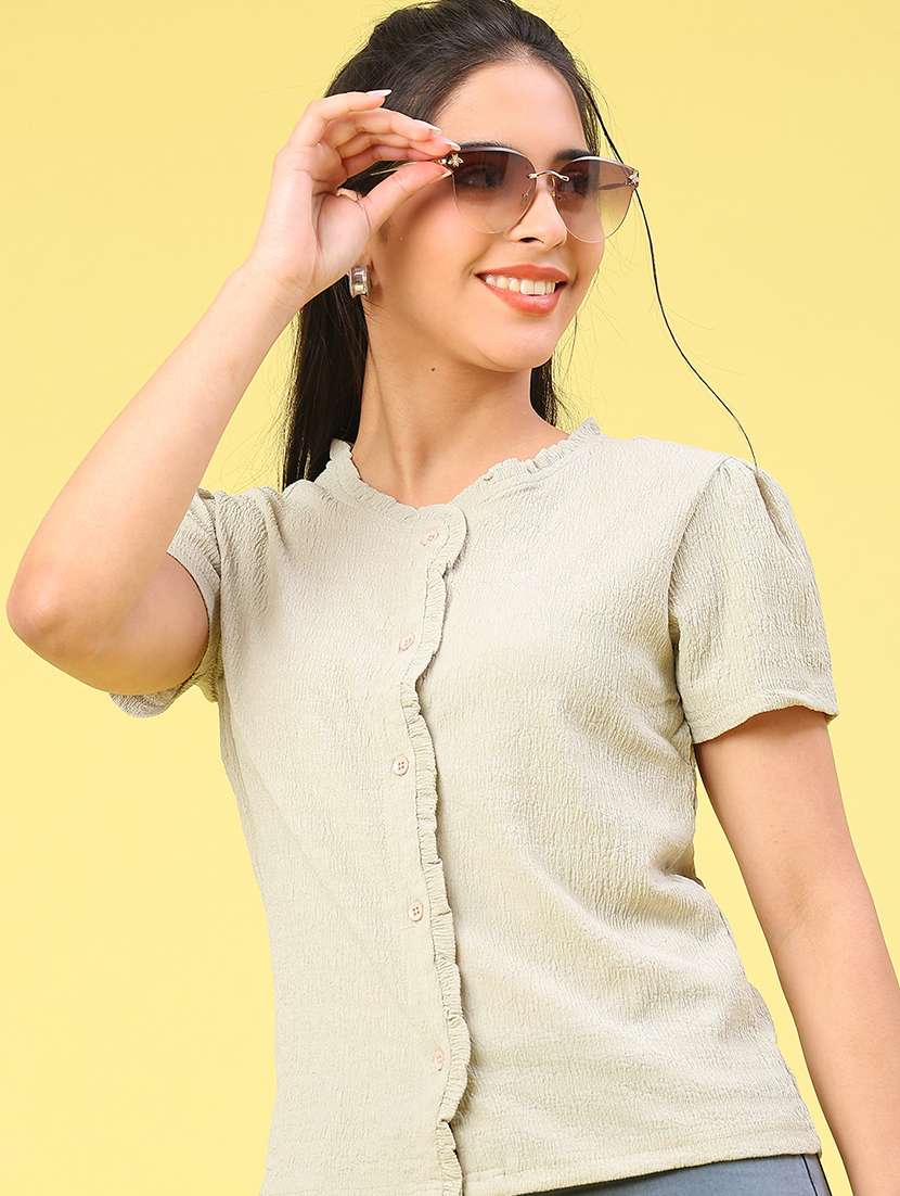 women solid puff sleeve button down  top