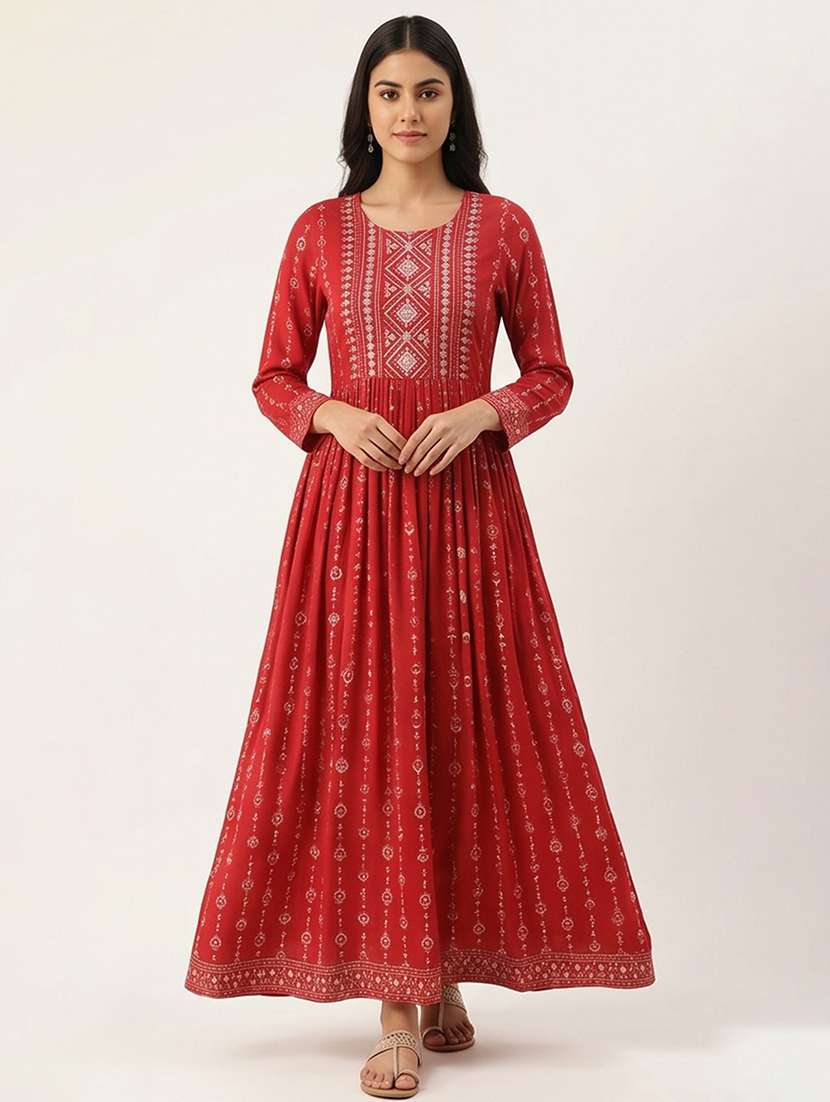women printed long sleeves flared dress