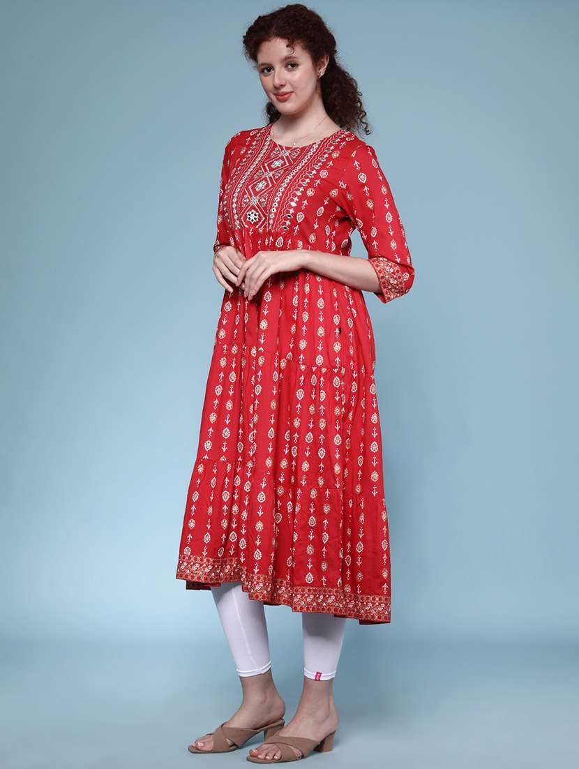 women printed three quarter sleeve tiered kurta - 22248807 -  Standard Image - 3