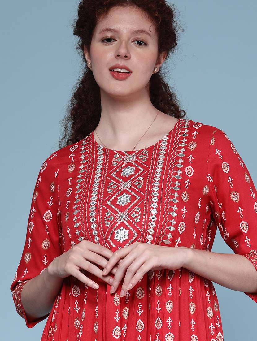 women printed three quarter sleeve tiered kurta - 22248807 -  Standard Image - 5