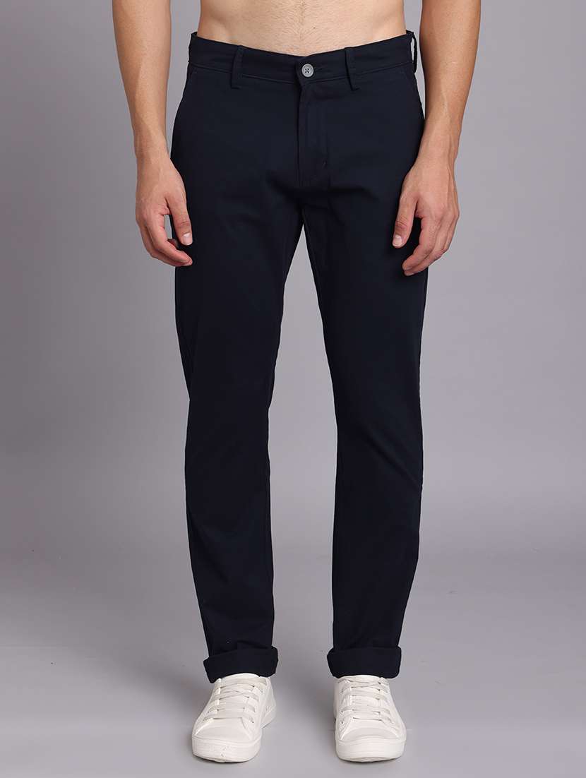 men solid mid rise slim fit trouser