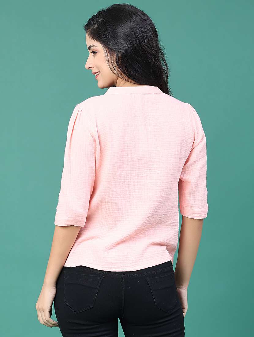 women solid with work three quarter sleeve top - 22249289 -  Standard Image - 3