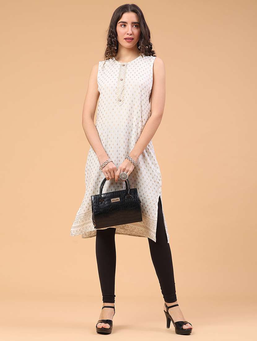 women foil printed sleeveless straight kurta