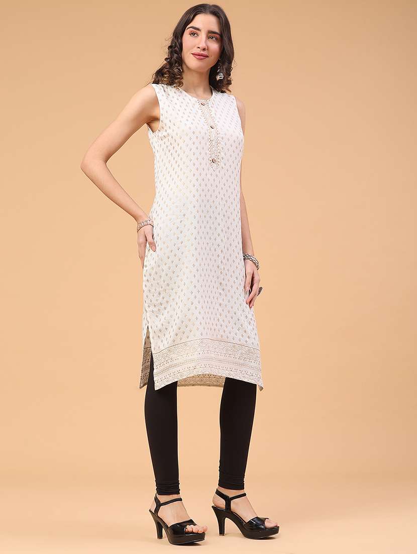 women foil printed sleeveless straight kurta - 22249414 -  Standard Image - 3