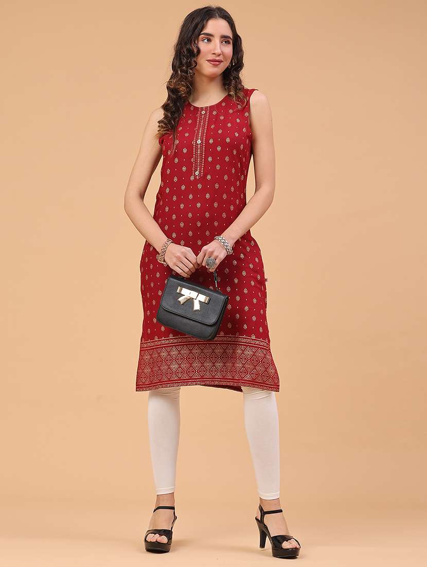 women foil printed sleeveless straight kurta