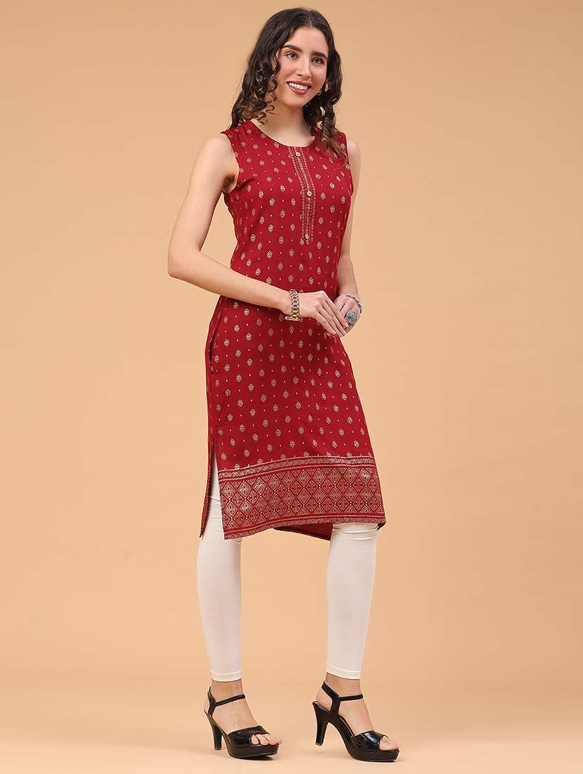 women foil printed sleeveless straight kurta - 22249416 -  Standard Image - 3