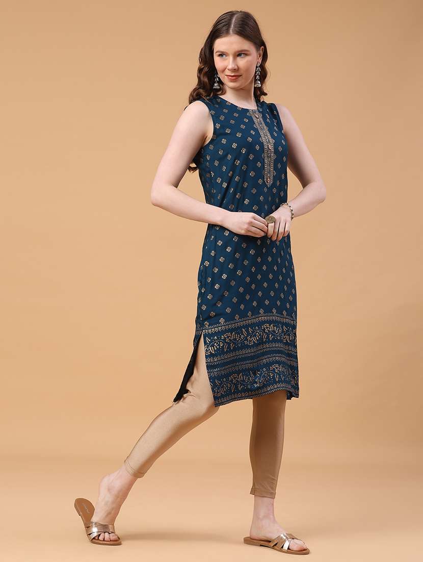 women foil printed sleeveless straight kurta - 22249418 -  Standard Image - 3