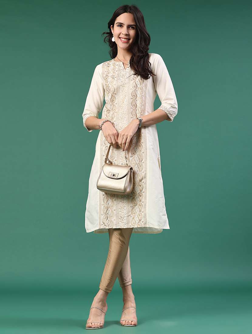 women solid with work three quarter sleeve kurta