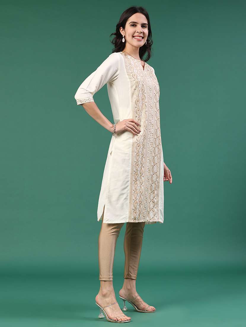 women solid with work three quarter sleeve kurta - 22249430 -  Standard Image - 3
