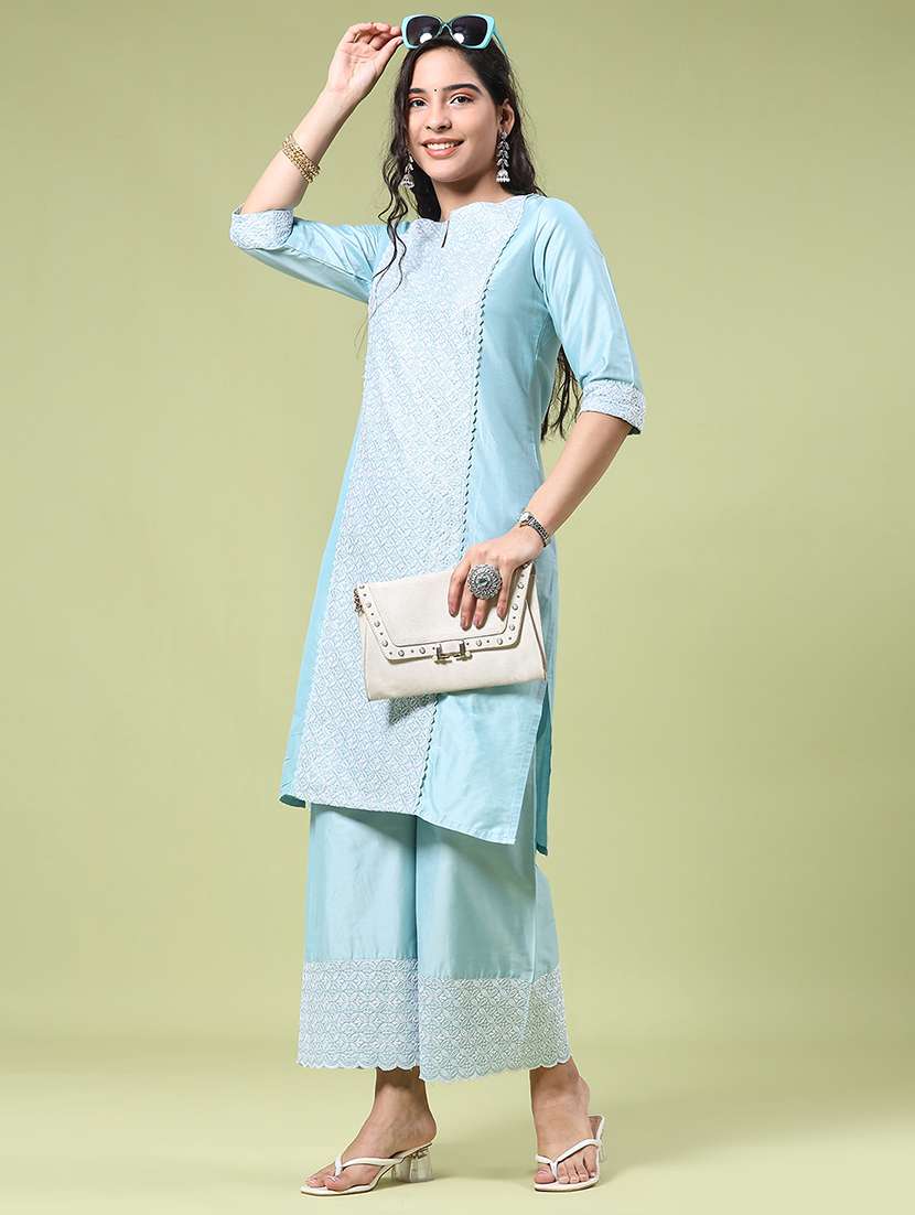 women solid with work three quarter sleeve straight kurta