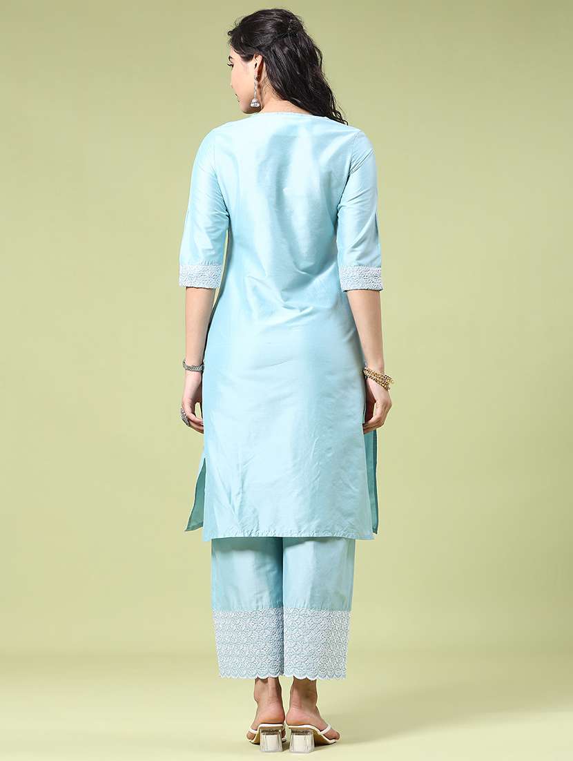 women solid with work three quarter sleeve straight kurta - 22249432 -  Standard Image - 3