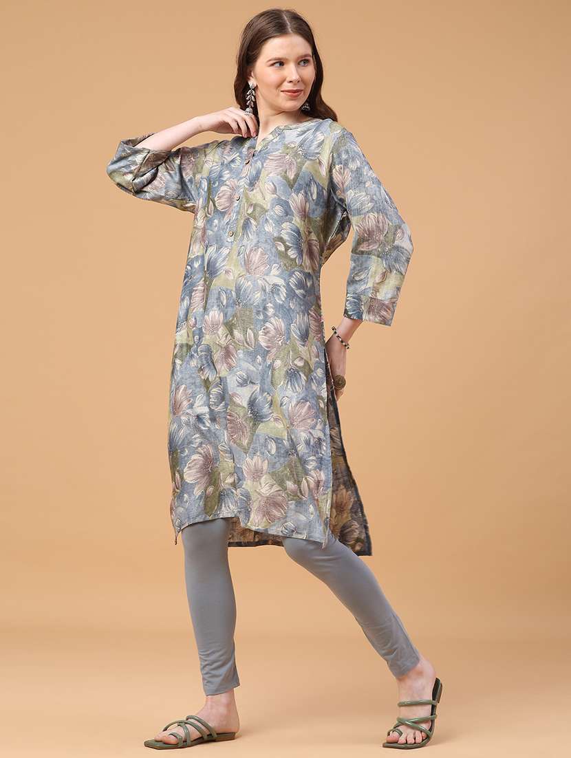 women floral three quarter sleeve straight kurta - 22249465 -  Standard Image - 3