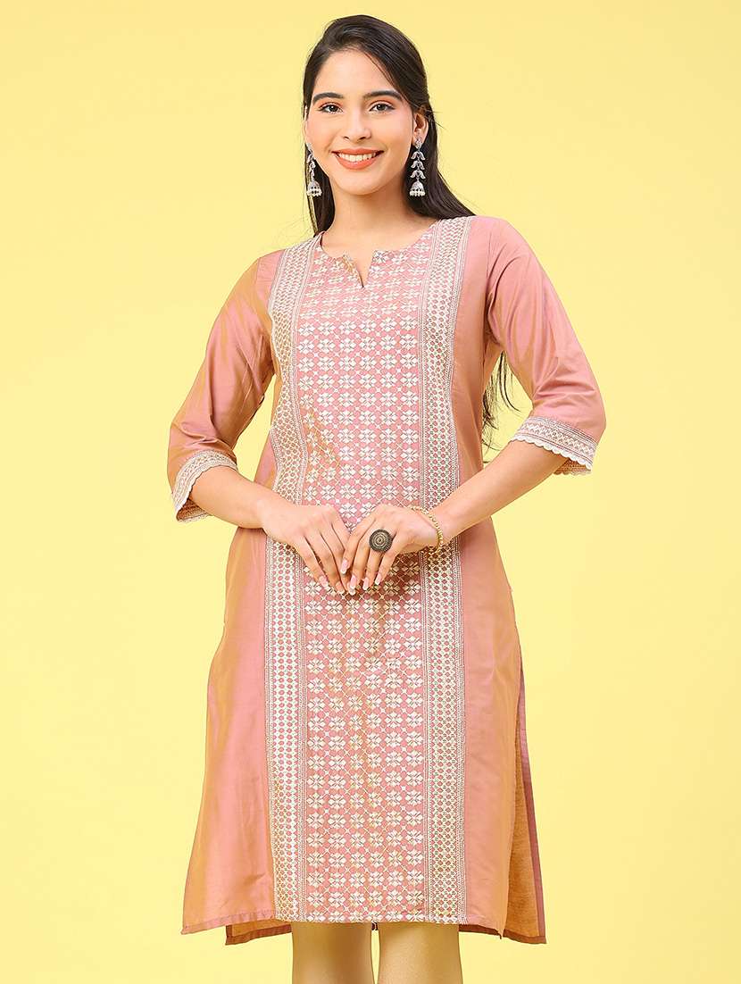 women solid with work three quarter sleeve straight kurta