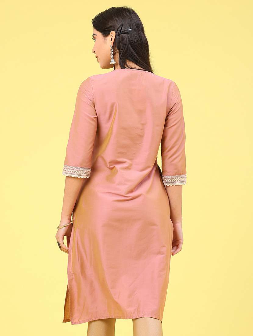 women solid with work three quarter sleeve straight kurta - 22249477 -  Standard Image - 3