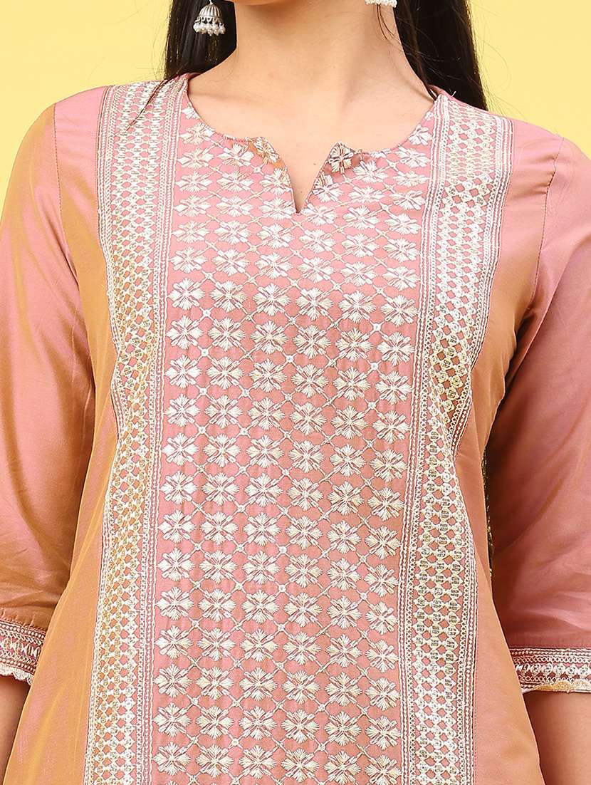 women solid with work three quarter sleeve straight kurta - 22249477 -  Standard Image - 5