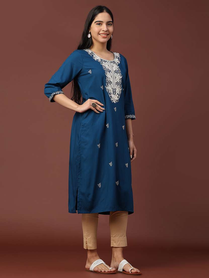 women solid with work three quarter sleeve straight kurta - 22249508 -  Standard Image - 3