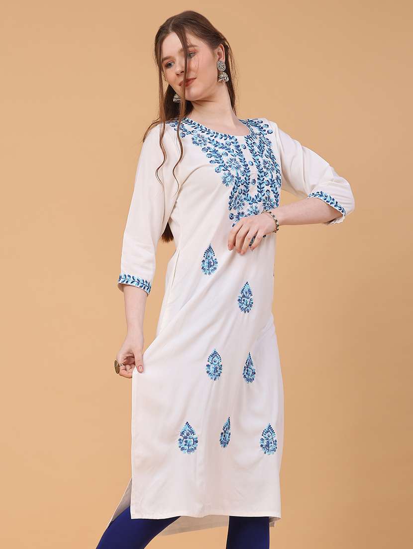 women solid with work three quarter sleeve straight kurta