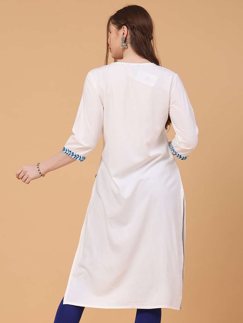 women solid with work three quarter sleeve straight kurta - 22249509 -  Standard Image - 3