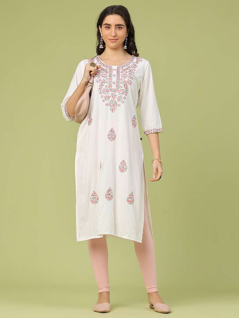 women solid with work three quarter sleeve straight kurta