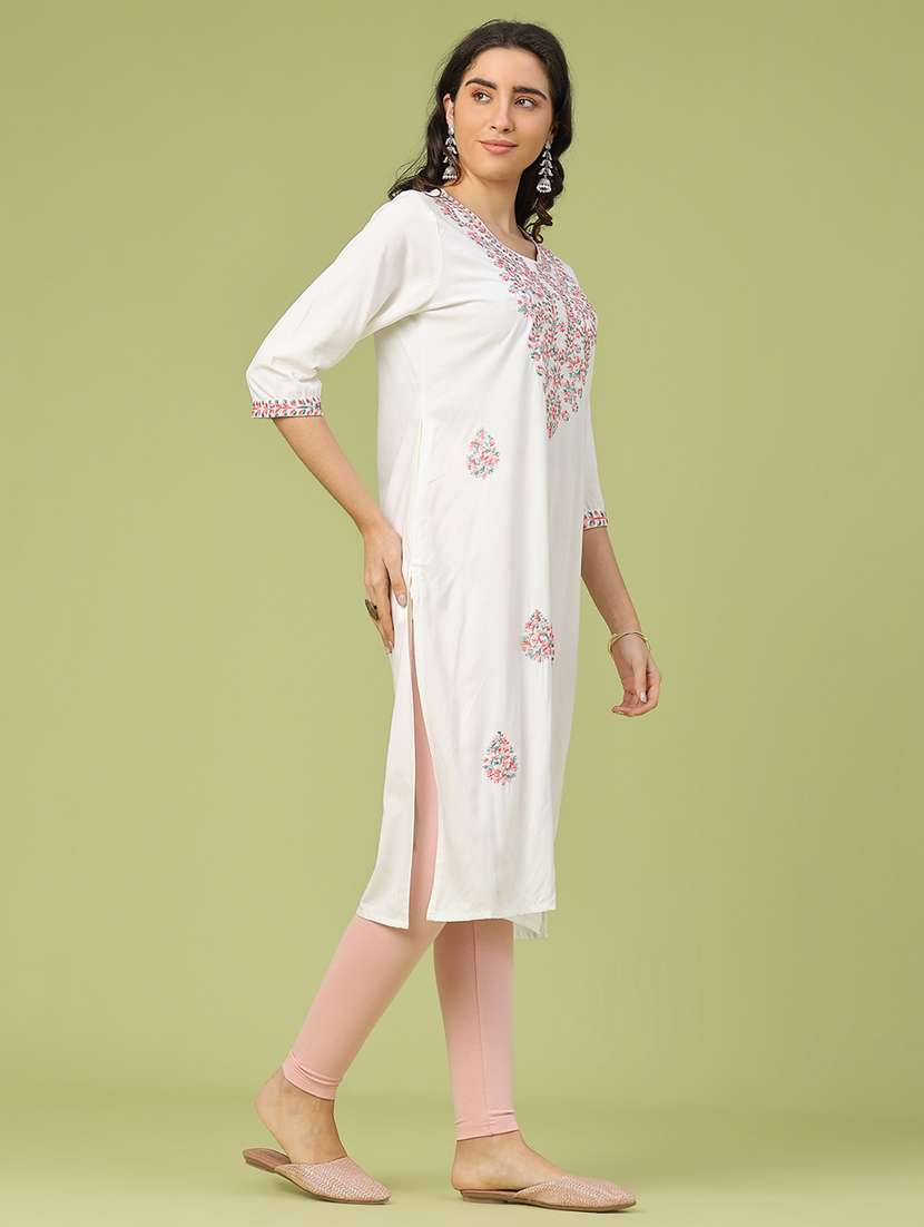 women solid with work three quarter sleeve straight kurta - 22249512 -  Standard Image - 3