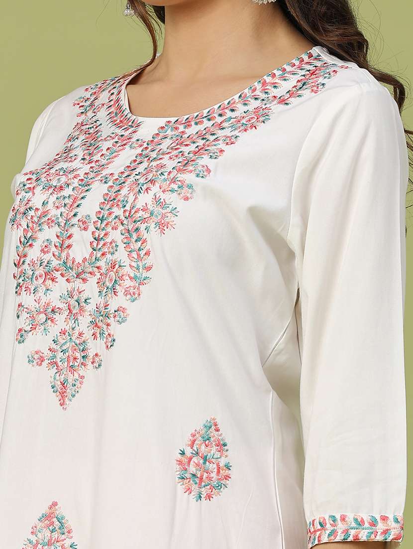 women solid with work three quarter sleeve straight kurta - 22249512 -  Standard Image - 5