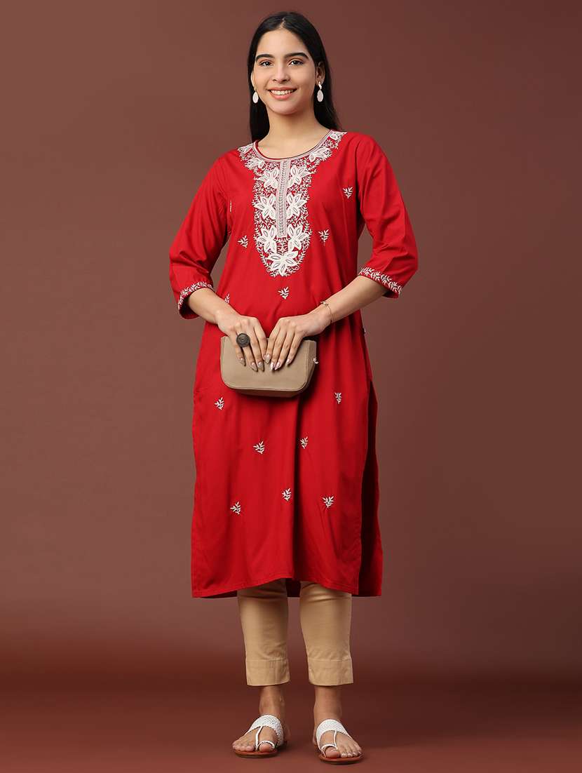 women solid with work three quarter sleeve straight kurta