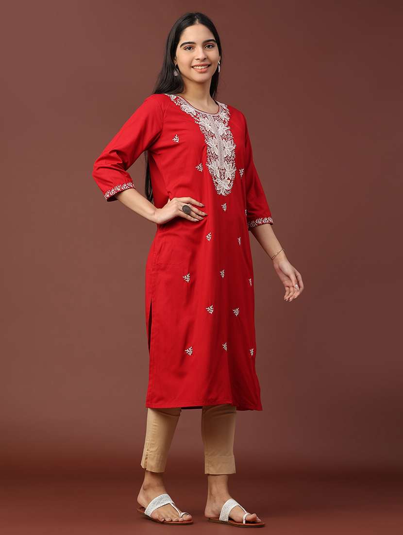 women solid with work three quarter sleeve straight kurta - 22249514 -  Standard Image - 3
