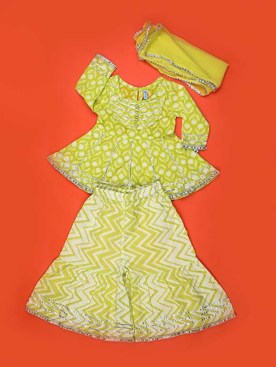 girls printed kurta and sharara with dupatta set 