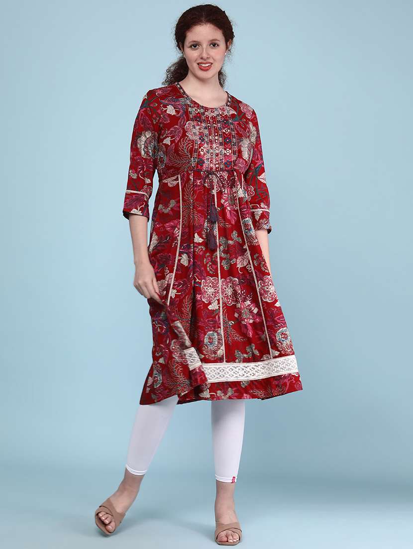 women floral three quarter sleeve a-line kurta 