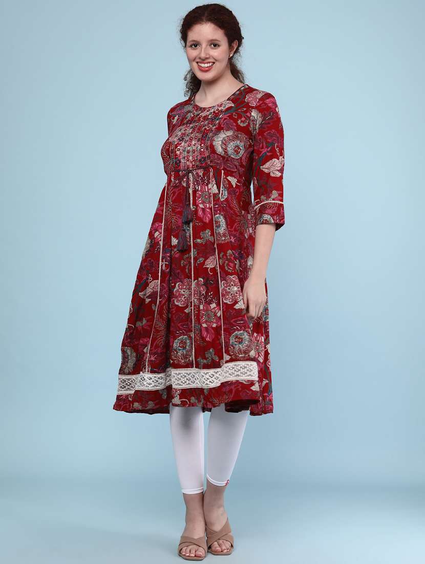women floral three quarter sleeve a-line kurta  - 22250077 -  Standard Image - 3
