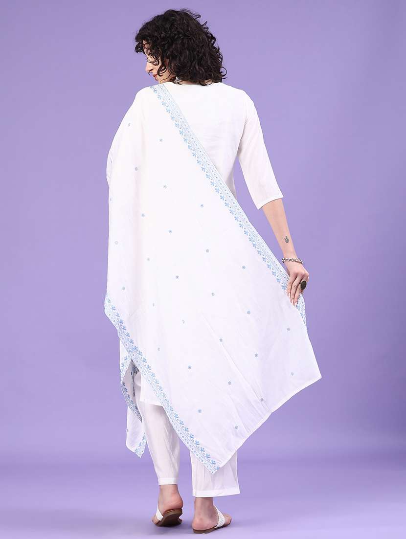 women solid with work three quarter sleeve kurta pant with dupatta set - 22250129 -  Standard Image - 3