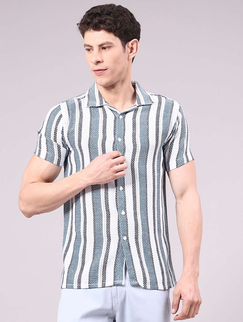men striped short sleeve slim fit casual shirt