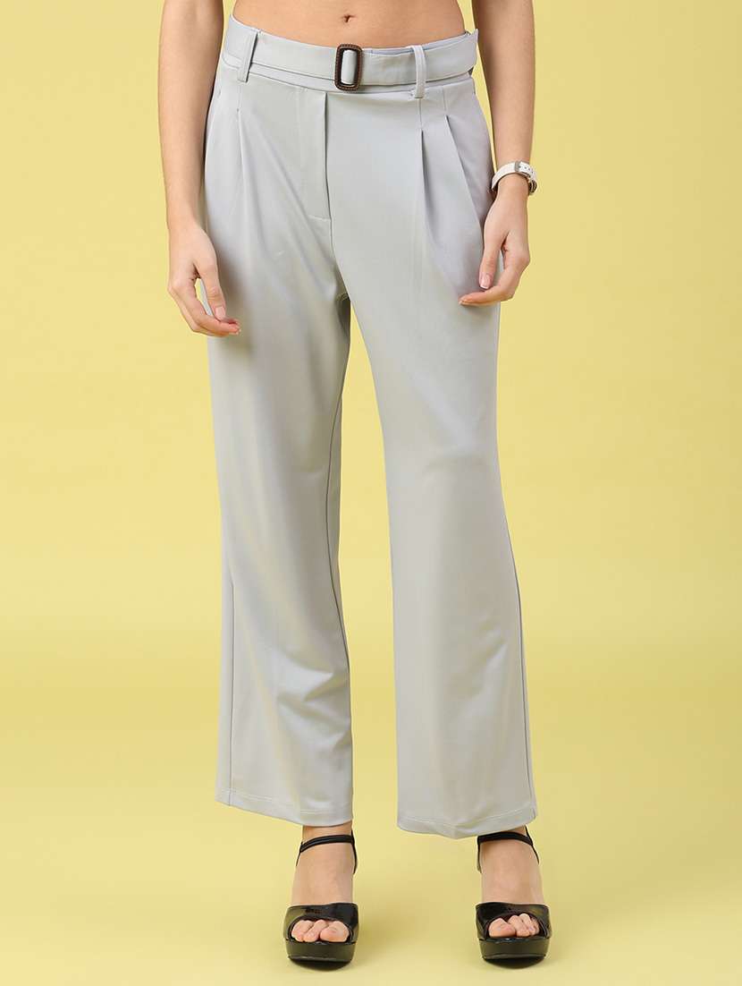 women solid mid rise straight trouser