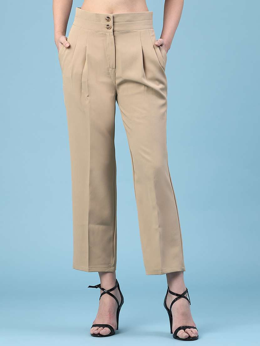 women solid mid rise straight trouser