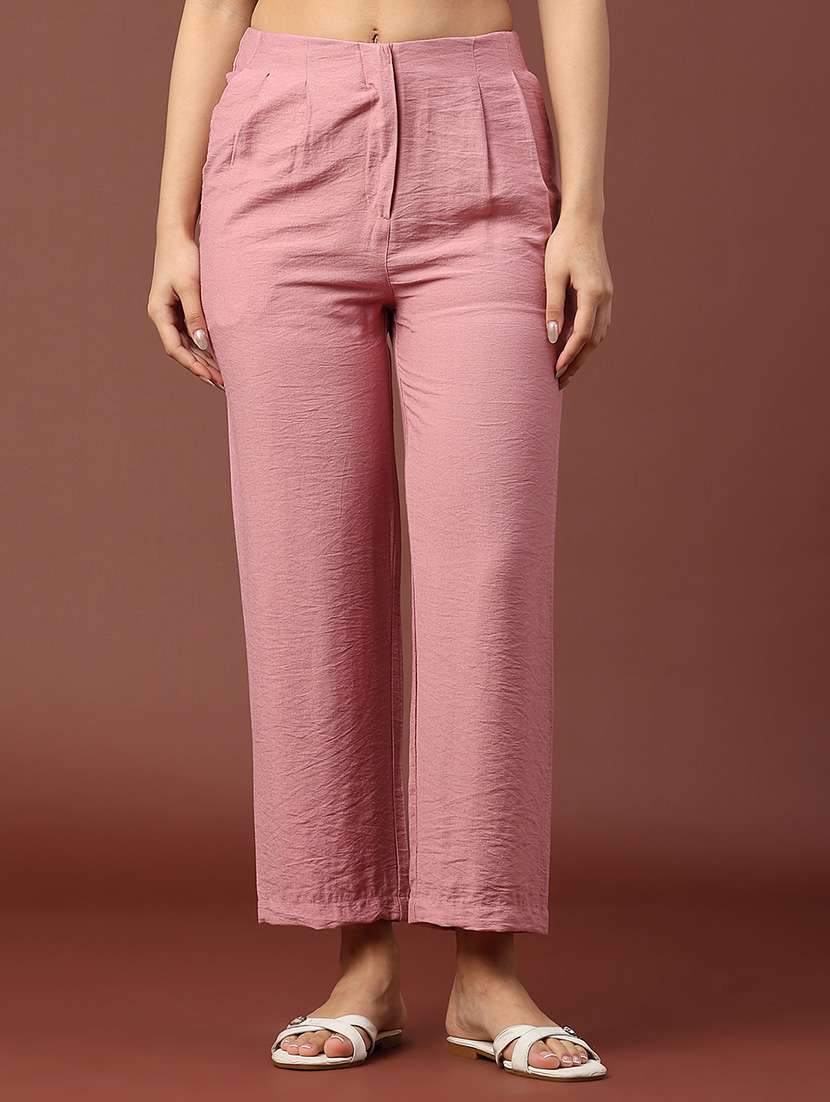women solid mid rise straight trouser