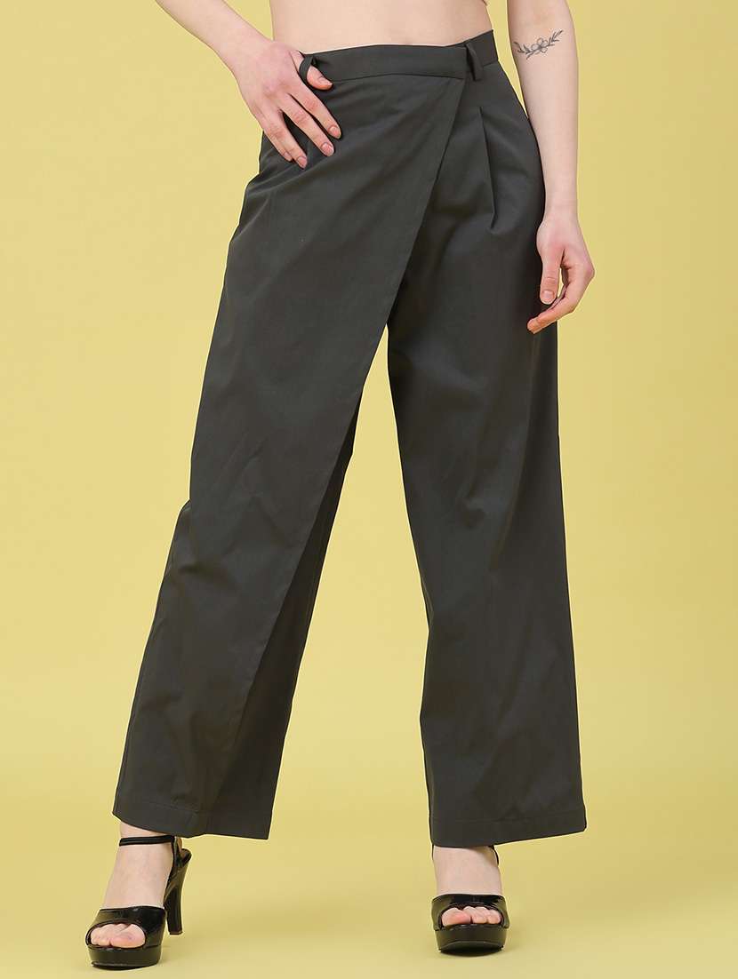 women solid high rise wide leg trouser