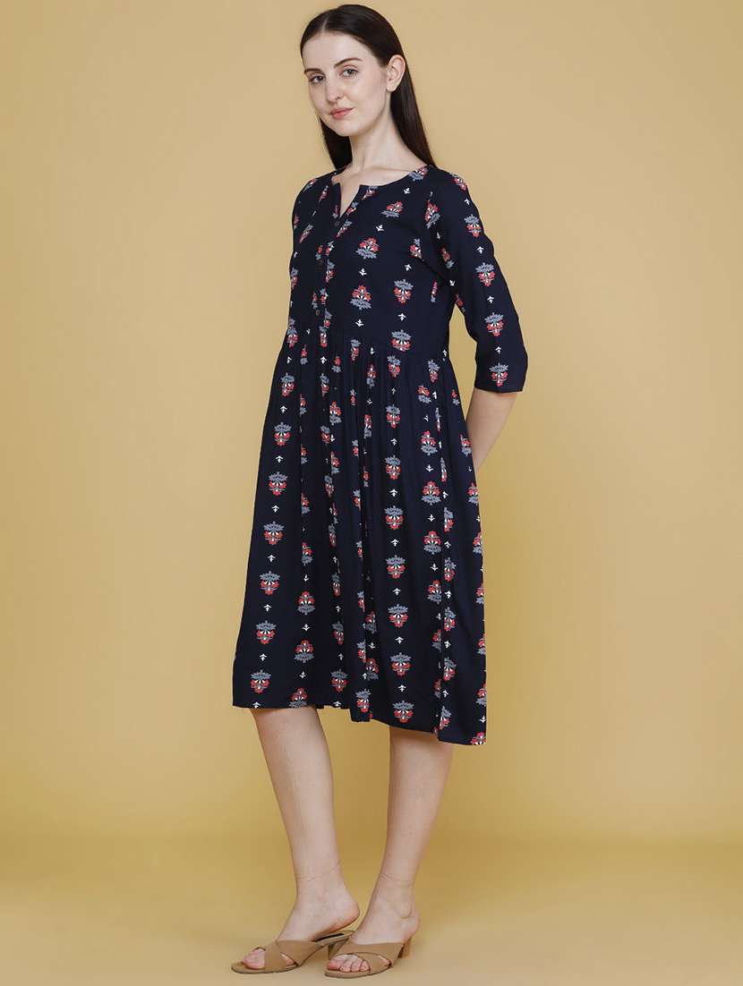 women printed three quarter sleeves a-line dresss - 22250458 -  Standard Image - 3