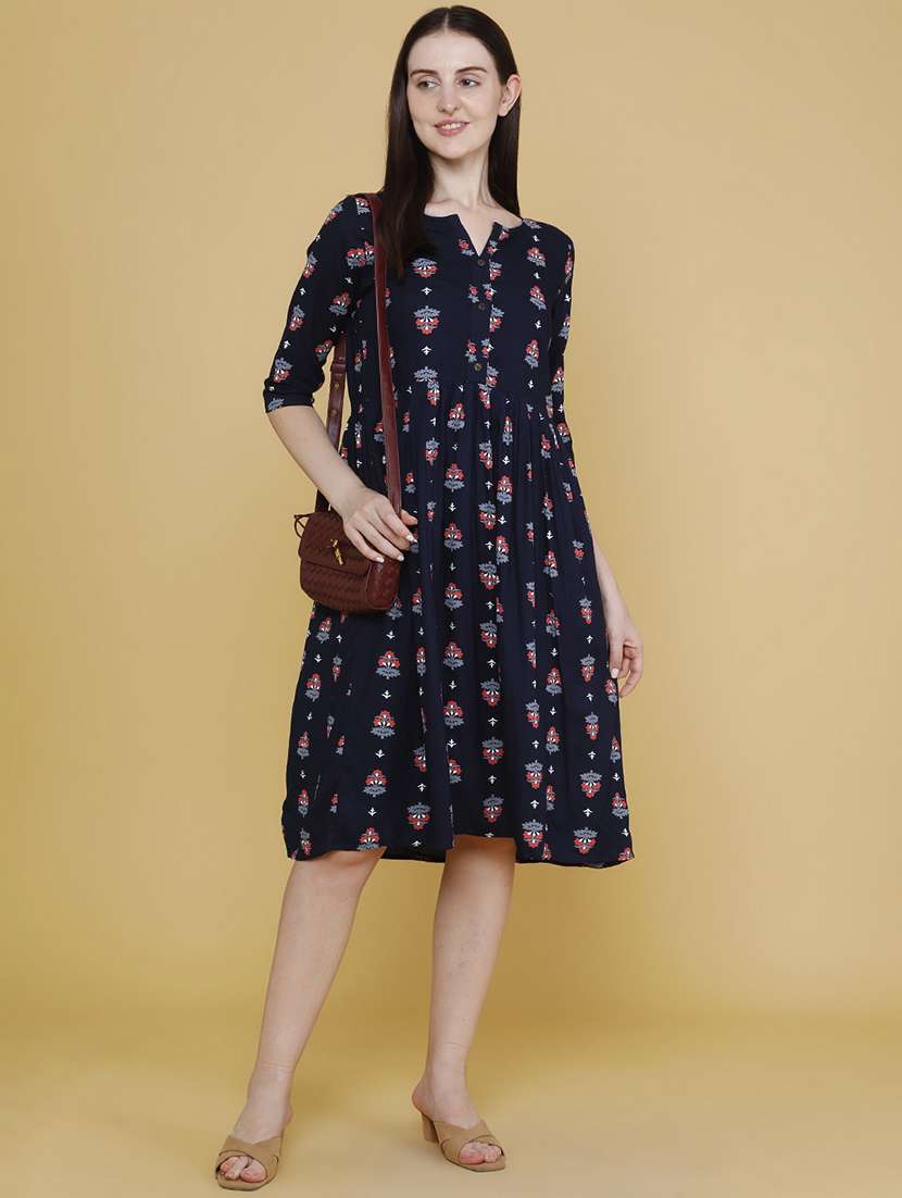 women printed three quarter sleeves a-line dresss - 22250458 -  Standard Image - 5