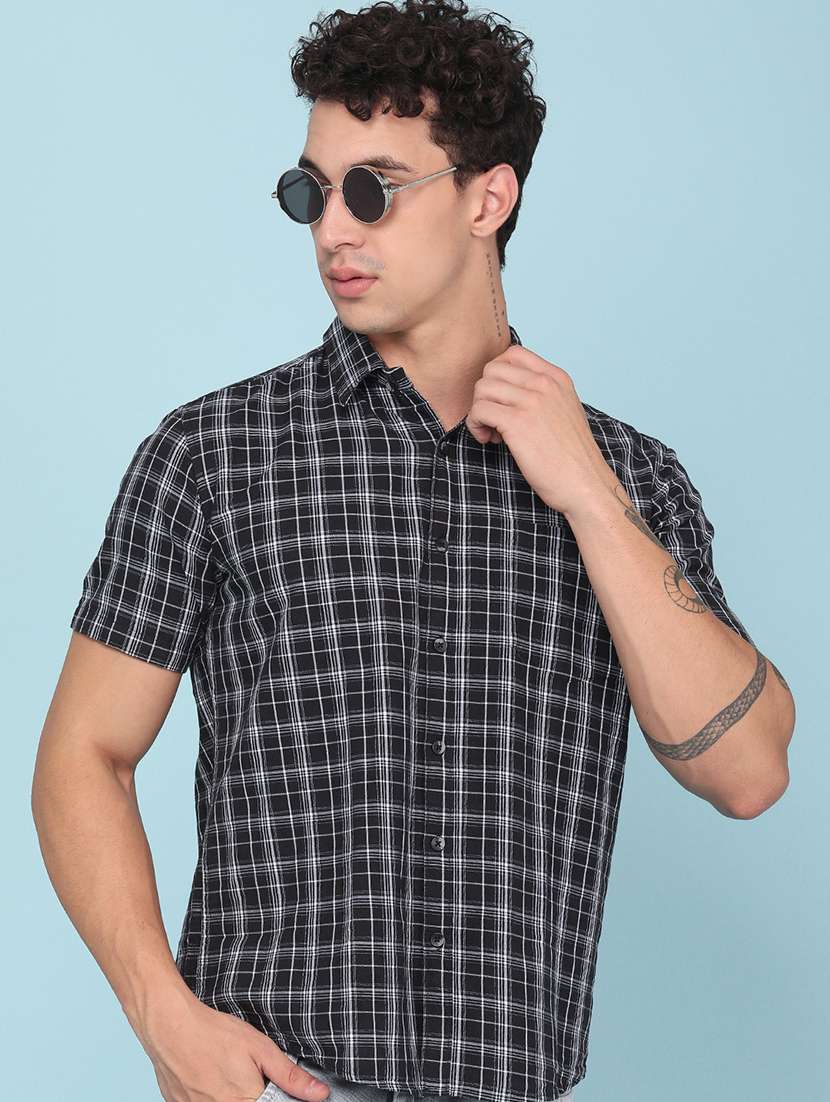 men checkered short sleeve regular fit casual shirt