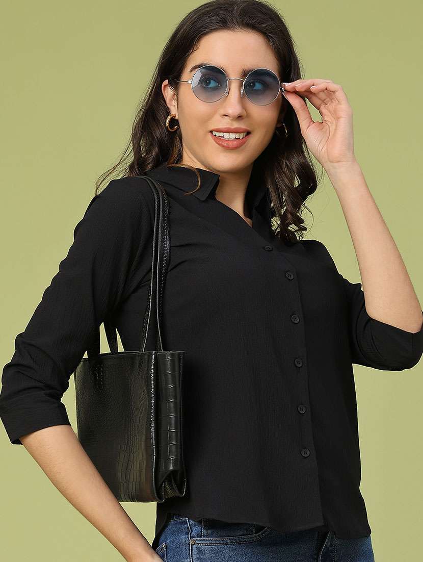 women solid collared three quarter sleeve shirt