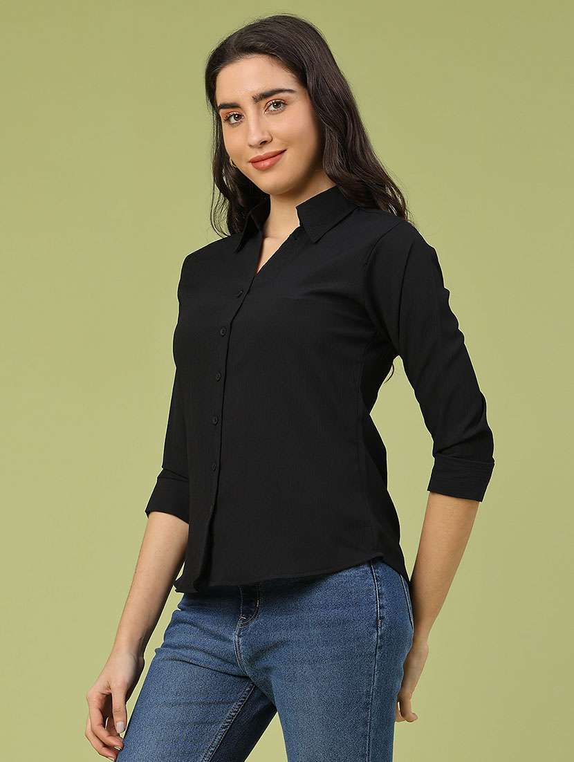 women solid collared three quarter sleeve shirt - 22250586 -  Standard Image - 3