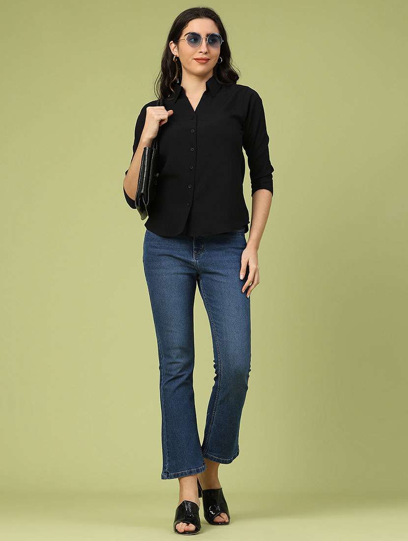 women solid collared three quarter sleeve shirt - 22250586 -  Standard Image - 5
