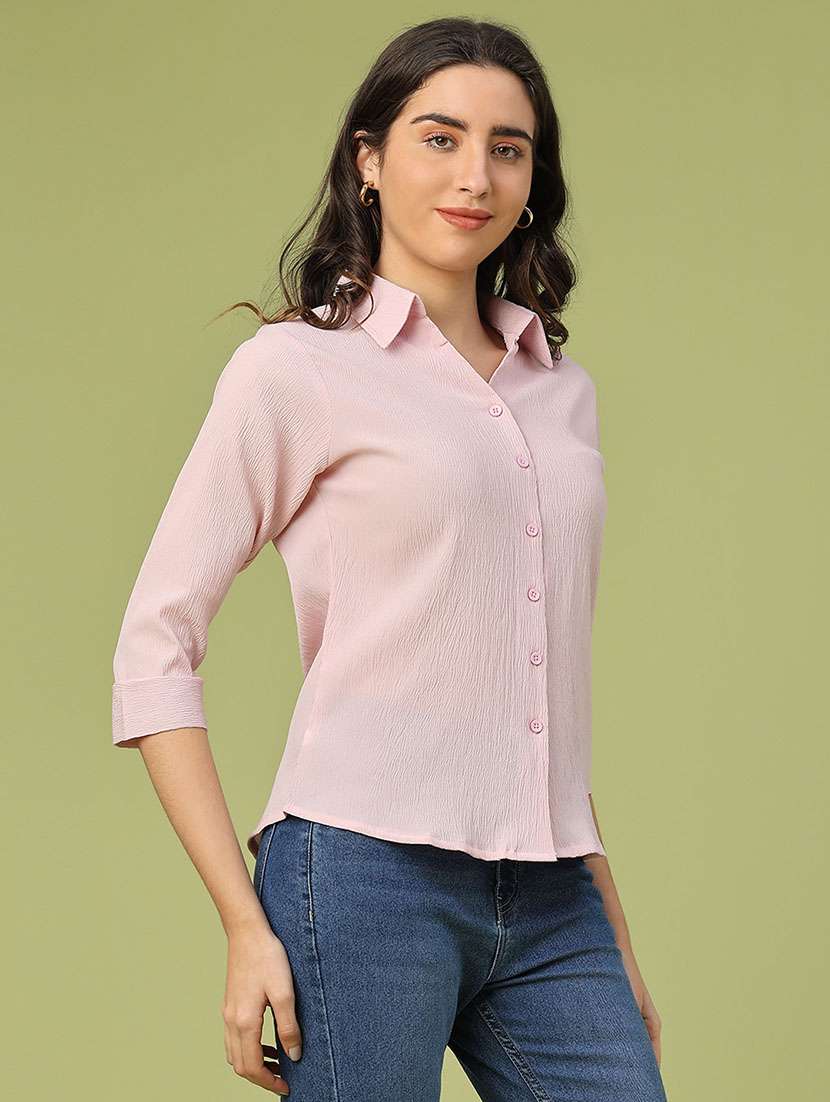 women solid collared three quarter sleeve shirt - 22250588 -  Standard Image - 3